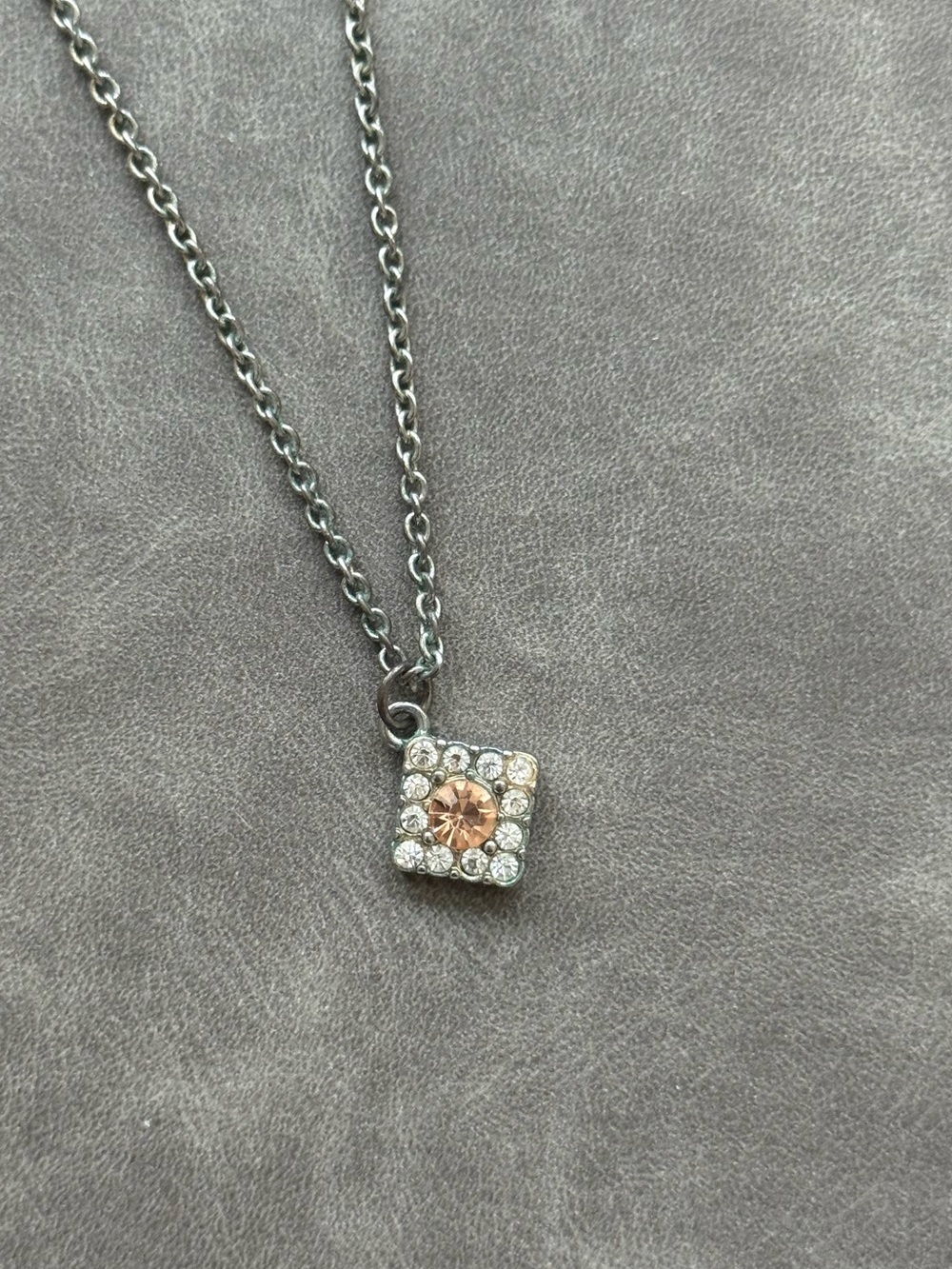 Silver tone Square Pendant Necklace with Champagne Center Stone